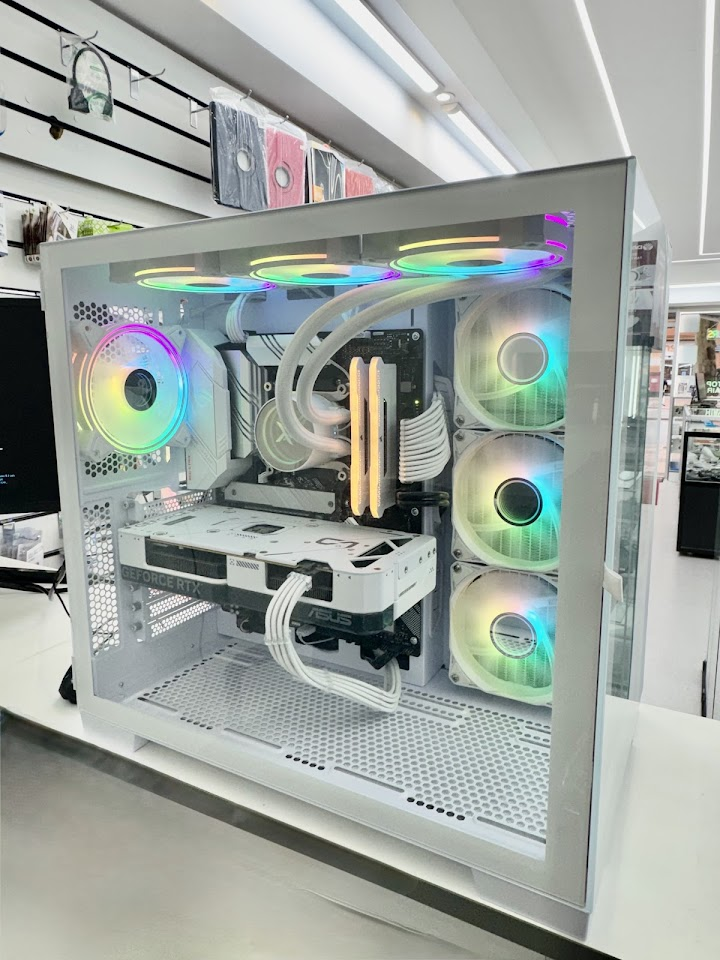 A custom gaming PC build on the bench at the PMM Solutions Morden workshop, the kind of hardware upgrade Raynes Park enthusiasts ask for