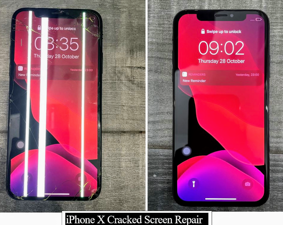 Before and after of a cracked iPhone screen replaced at the PMM Solutions Morden workshop, the kind of fast turnaround Croydon commuters rely on