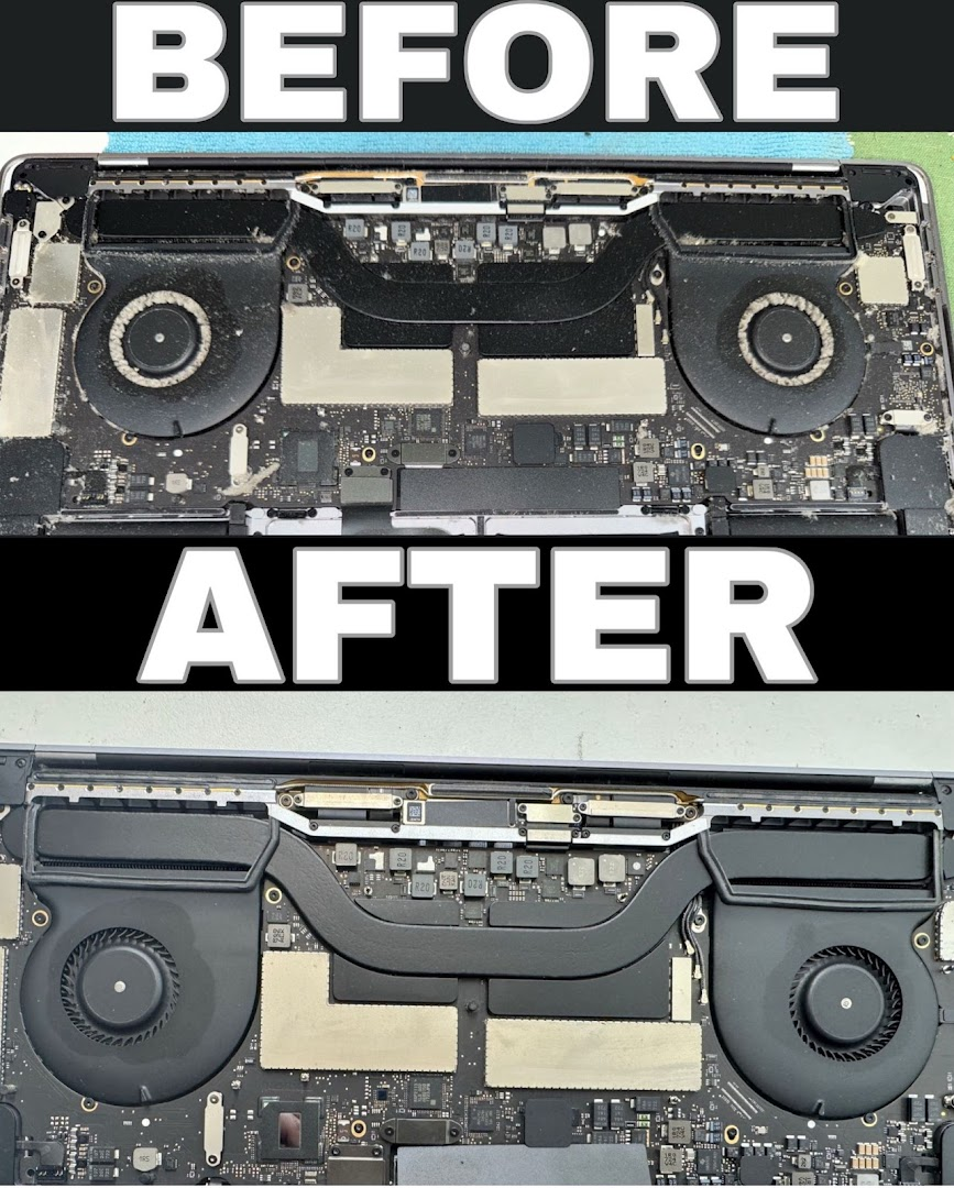 Before and after of a MacBook cleaned up during servicing at the PMM Solutions Morden workshop, typical of Epsom family laptop maintenance