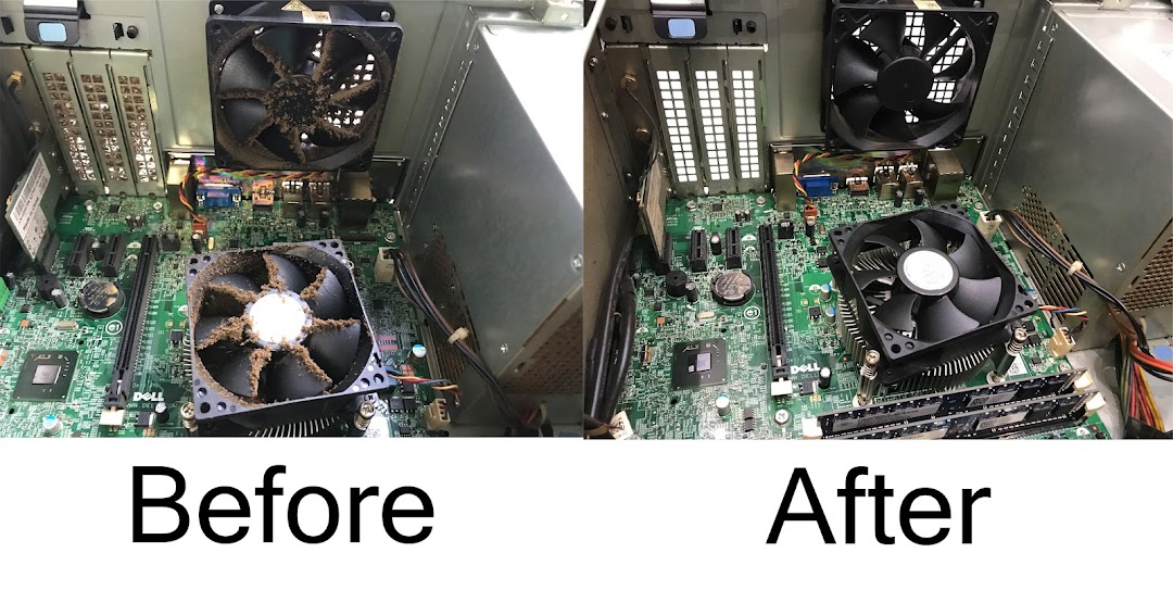 Before and after of a dusty desktop PC cleaned out internally at the PMM Solutions Morden workshop, typical of New Malden home and small-business machines